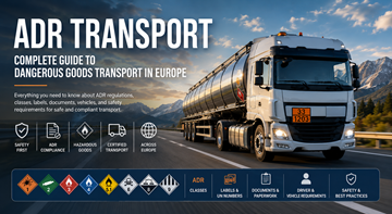Camion per trasporto ADR che trasporta merci pericolose su un’autostrada europea con pannelli arancioni di pericolo e segnalazioni di sicurezza