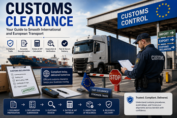 Operazioni di sdoganamento europeo con camion, container, controlli di frontiera e logistica internazionale