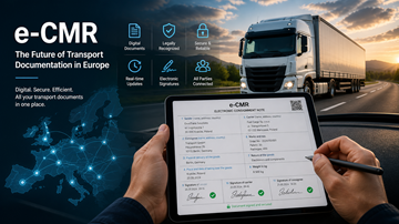Autista che utilizza un tablet con documento CMR digitale durante un trasporto su camion in corso in Europa, a rappresentare la digitalizzazione moderna della logistica