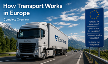 Trasporto merci su camion sulle autostrade europee, logistica e movimentazione freight tra Paesi UE, moderna supply chain