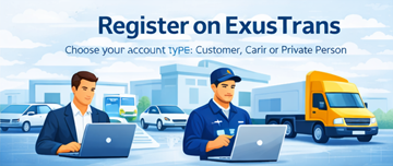 Pagina di registrazione su ExusTrans con tre tipi di account per clienti, vettori e privati in tutta Europa
